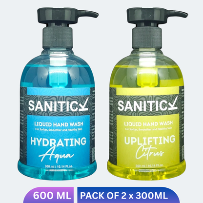 Yellow and blue liquid handwash bottles with citrus and aqua graphics
