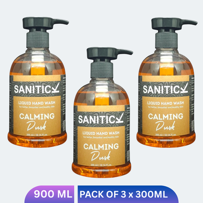 Three liquid handwash bottles with Calming Dusk graphic