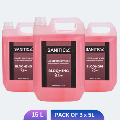 Pink liquid handwash cans with a blooming rose graphic