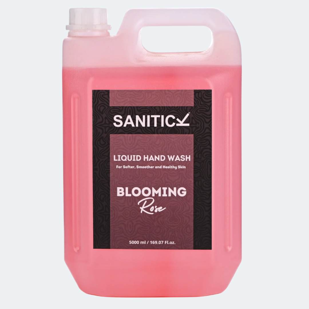 Pink liquid handwash refill cans with rose graphic