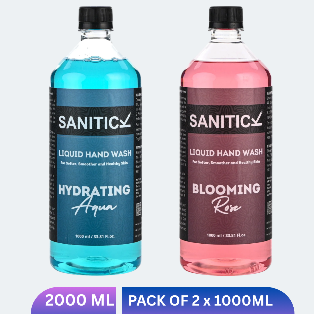 Pink and blue liquid handwash refill pouches with rose and aqua graphics