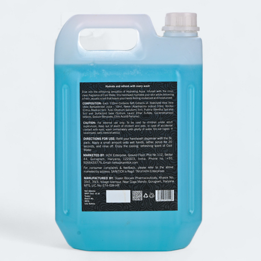 Blue liquid handwash cans with Hydrating Aqua labels
