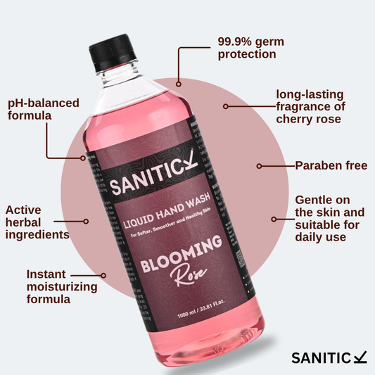 Pink liquid handwash refill pack with blooming rose graphic