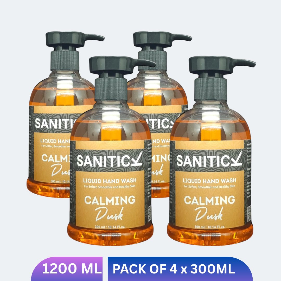 Four liquid handwash bottles with Calming Dusk graphic