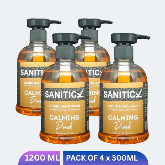 Four liquid handwash bottles with Calming Dusk graphic