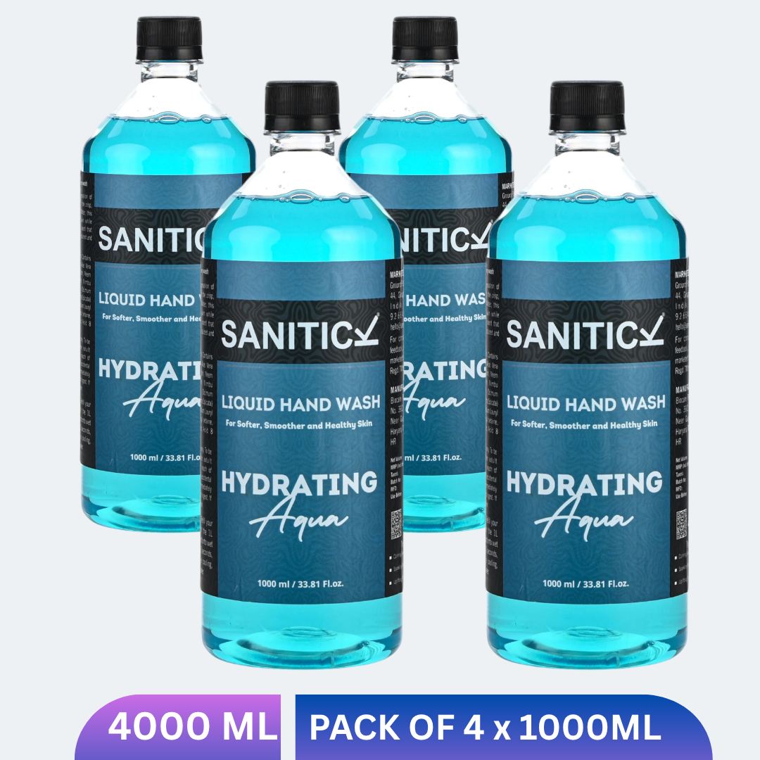 Blue liquid handwash refill pack with hydrating aqua graphic