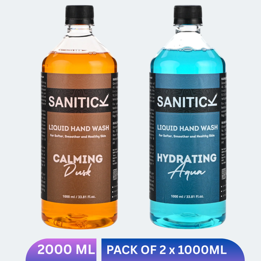 Two 1 litre refill bottles of Calming Dusk and Hydrating Aqua liquid handwash