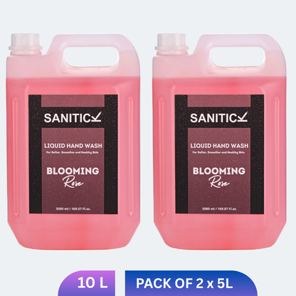 Two 5 litre white refill cans of Sanitick Blooming Rose liquid handwash