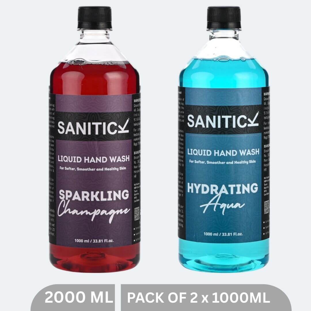 Sanitick Liquid Handwash Refill Pack | Sparkling Champagne & Hydrating Aqua | 2 Litres (Combo Pack of 2x1 Litre)
